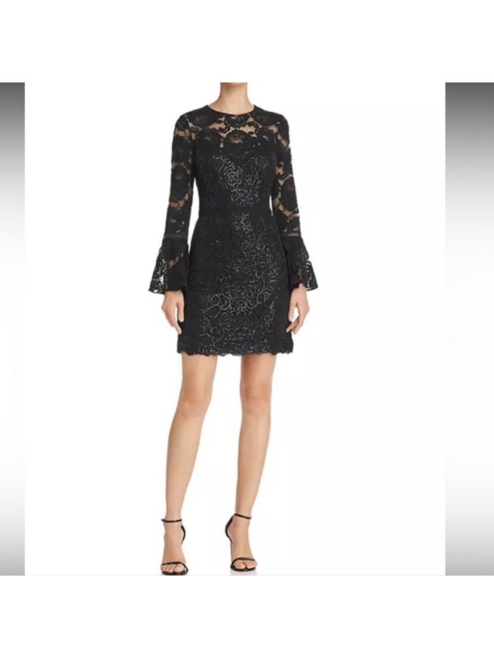 Tadashi Shoji Black Lace Overlay Bell Sleeve Dress, Size 4